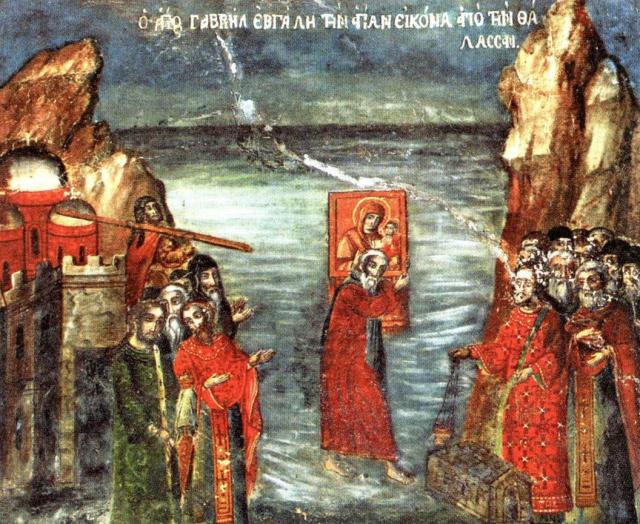 Cuviosul Gavriil Ivirul aducând Icoana Maicii Domnului Portărița de pe mare