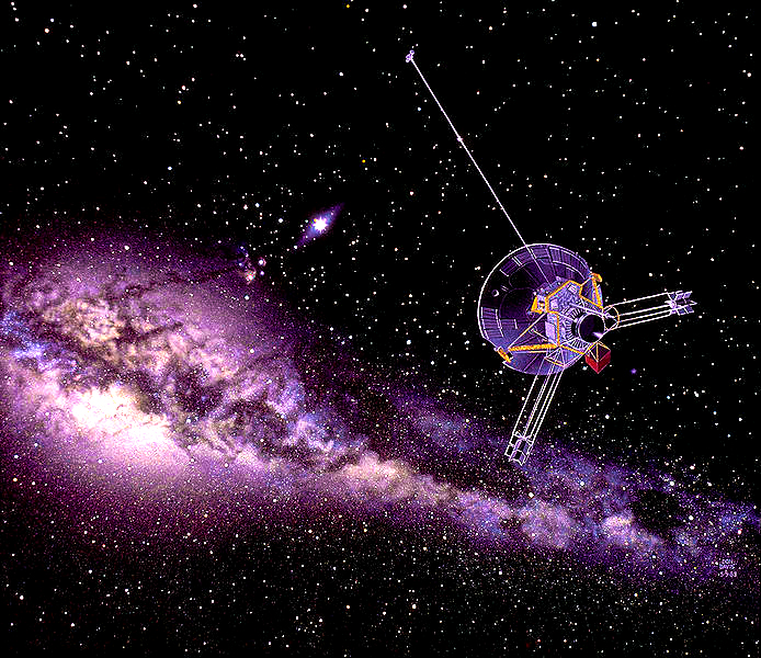 Pioneer 10, un robot de 250 de kilograme, primul vestitor al umanităţii lansat în spaţiul Cosmic în 1970. El a ajuns acum la o distanta de 100 UA (1 UA – unitate astronomica, măsurând în jur de 150 de milioane de kilometri, distanţa media dintre Pământ şi Soare). Pioneer 10, ca şi Pioneer 11, posedă un disc de aur pe care sunt imprimate imagini de pe Terra, înfăţişând un bărbat şi o femeie, precum şi indicii privind amplasamentul planetei noastre în Calea Lactee, adresat civilizaţiilor extraterestre. Extratereştrii cred în Dumnezeu?