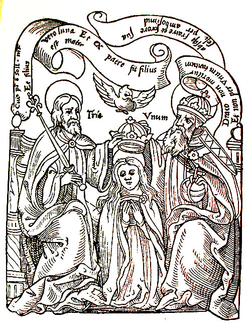 „Încoronarea Fecioarei” în varianta „Cuaternitatea alchimică: Cei Trei şi Una” (corpul şi principiul feminin). Gravură dintr-un manuscris de alchimie, anul (1550). „Sofia divină”, a patra persoană a Sfintei Treimi?