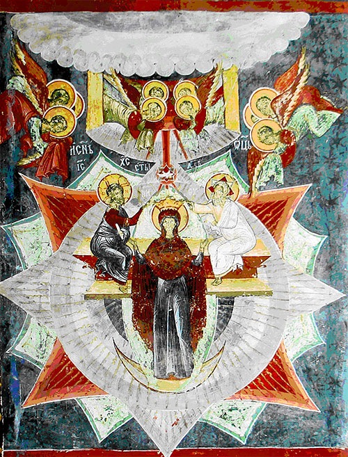 O variantă compoziţională necanonică preluată şi de iconografii bizantini. Fresca exterioară a Bisericii Mănăstirii Suceviţa. „Sofia divină”, a patra persoană a Sfintei Treimi?