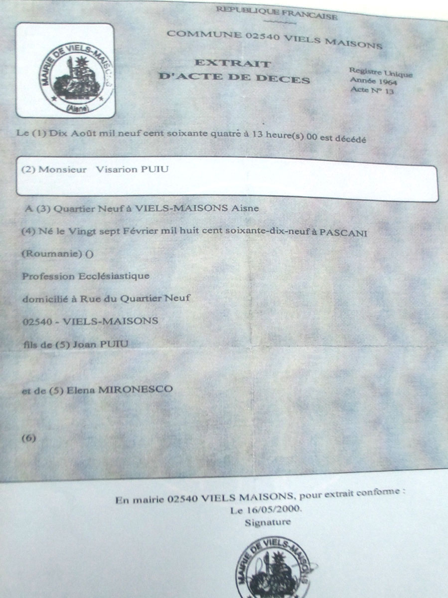 Certificatul de deces al mitropolitului Visarion Puiu „Dorim readucerea mitropolitului Visarion Puiu în liniştea Vovideniei“