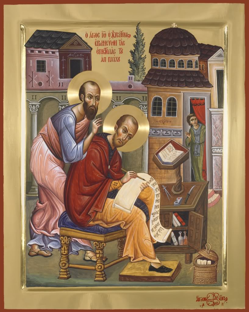 Icoană contemporană a Sfântului Ioan Gură de Aur, pictată în atelierul Mănăstirii Vatoped, Athos Icoană contemporană a Sfântului Ioan Gură de Aur