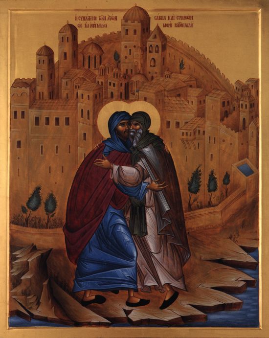 Întâlnirea dintre sfinții Savva și Simeon la Mănăstirea Vatopedi – icoană contemporană pictată în atelierul mănăstirii Vatopedi Sfântul Simeon – Izvorâtorul de mir, ctitor al mănăstirii Hilandar