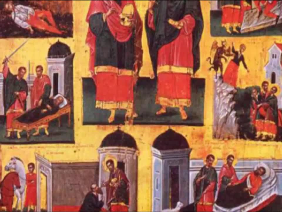 Troparul sărbătorii Aducereii moaștelor Sfinților Mucenici Doctori fără de arginți Chir și Ioan (în limba greacă)