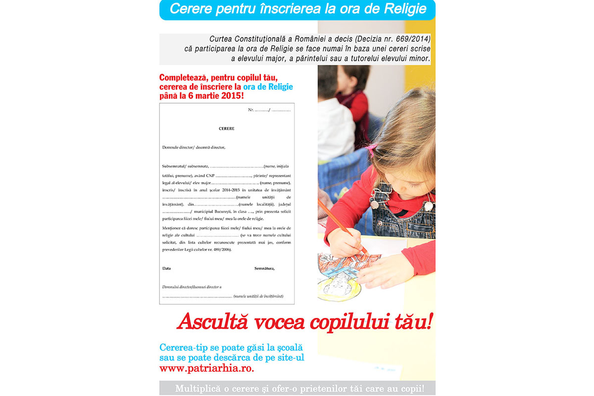 Părinţii pot opta pentru ora de religie până la 6 martie (model cerere ataşată)