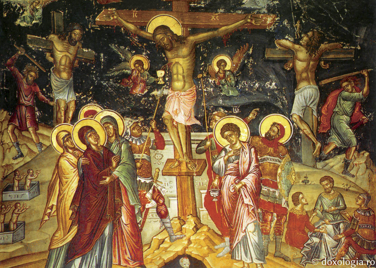 Magdalena o sprijină pe Născătoarea de Dumnezeu la Răstignirea lui Hristos