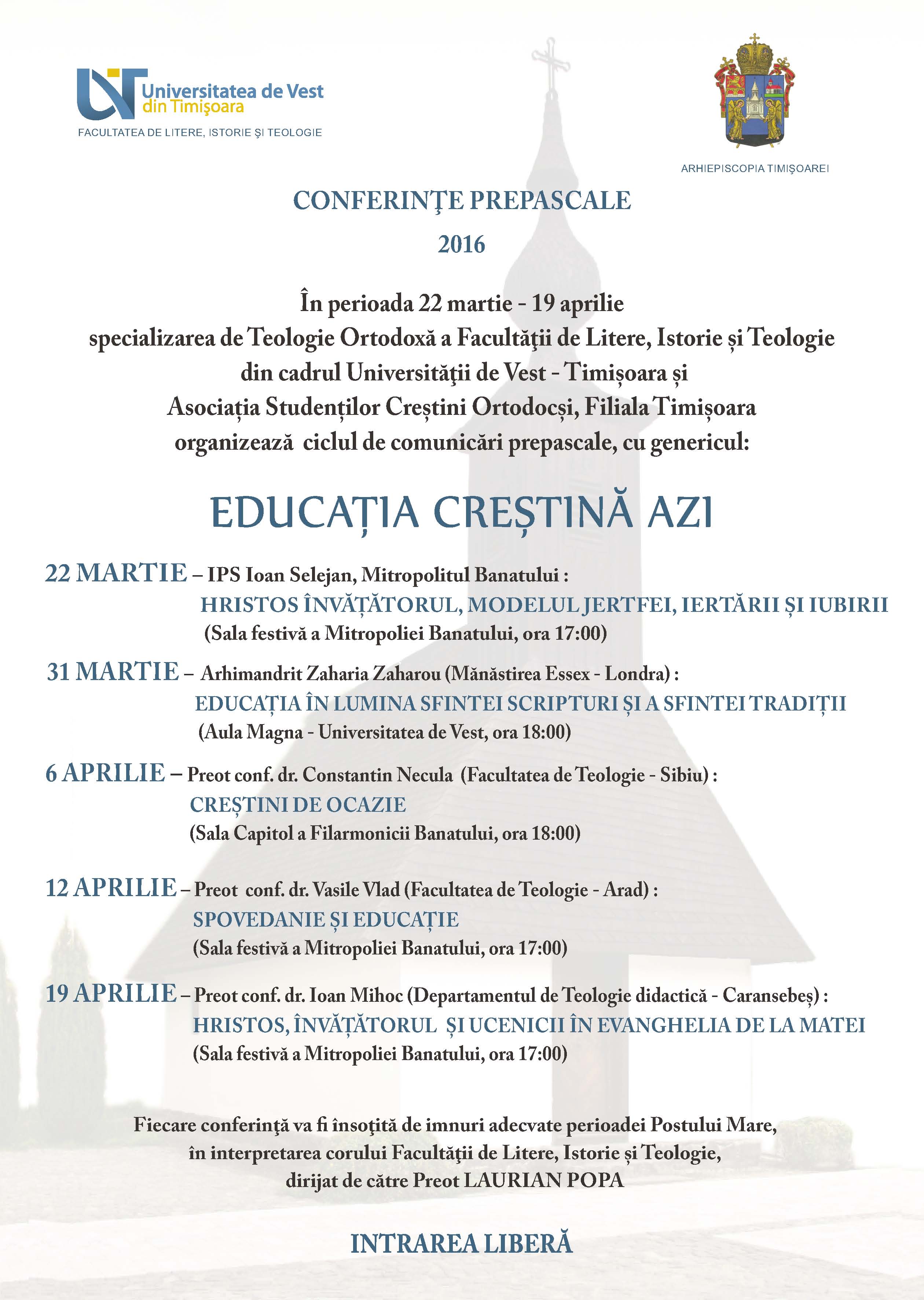Programul conferințelor prepascale din Arhiepiscopia Timișoarei