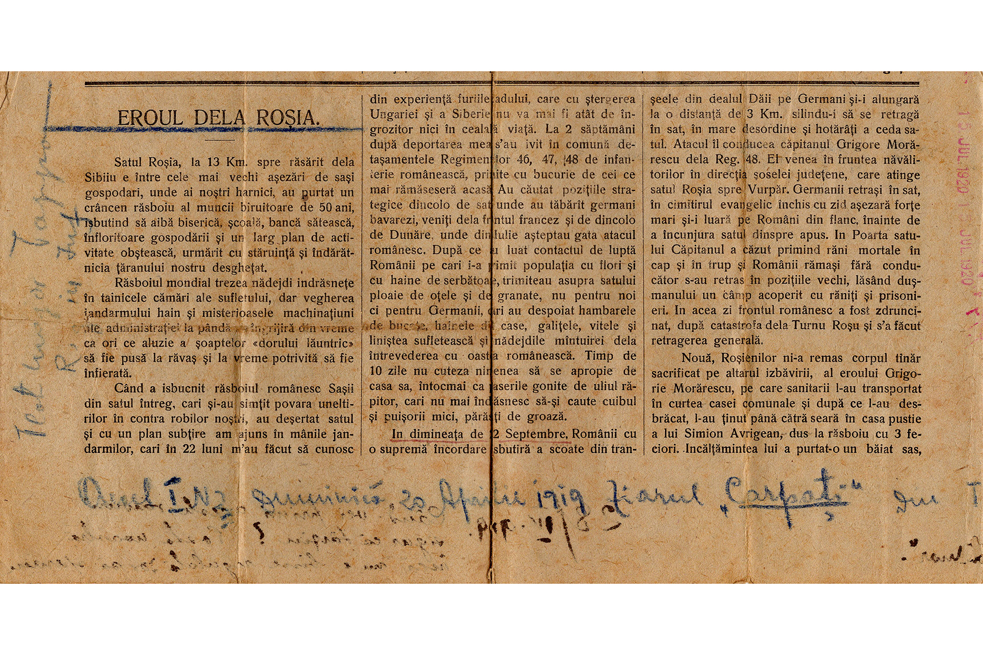 Articolul original, semnat de preotul Tr. Scorobețiu, în numărul din 20 aprilie 1919 al Ziarului „Carpați”, scos la Tipografia arhidiecezană din Sibiu (I) Eroul de la Roșia iese la lumină – mărturisire despre jertfa sa