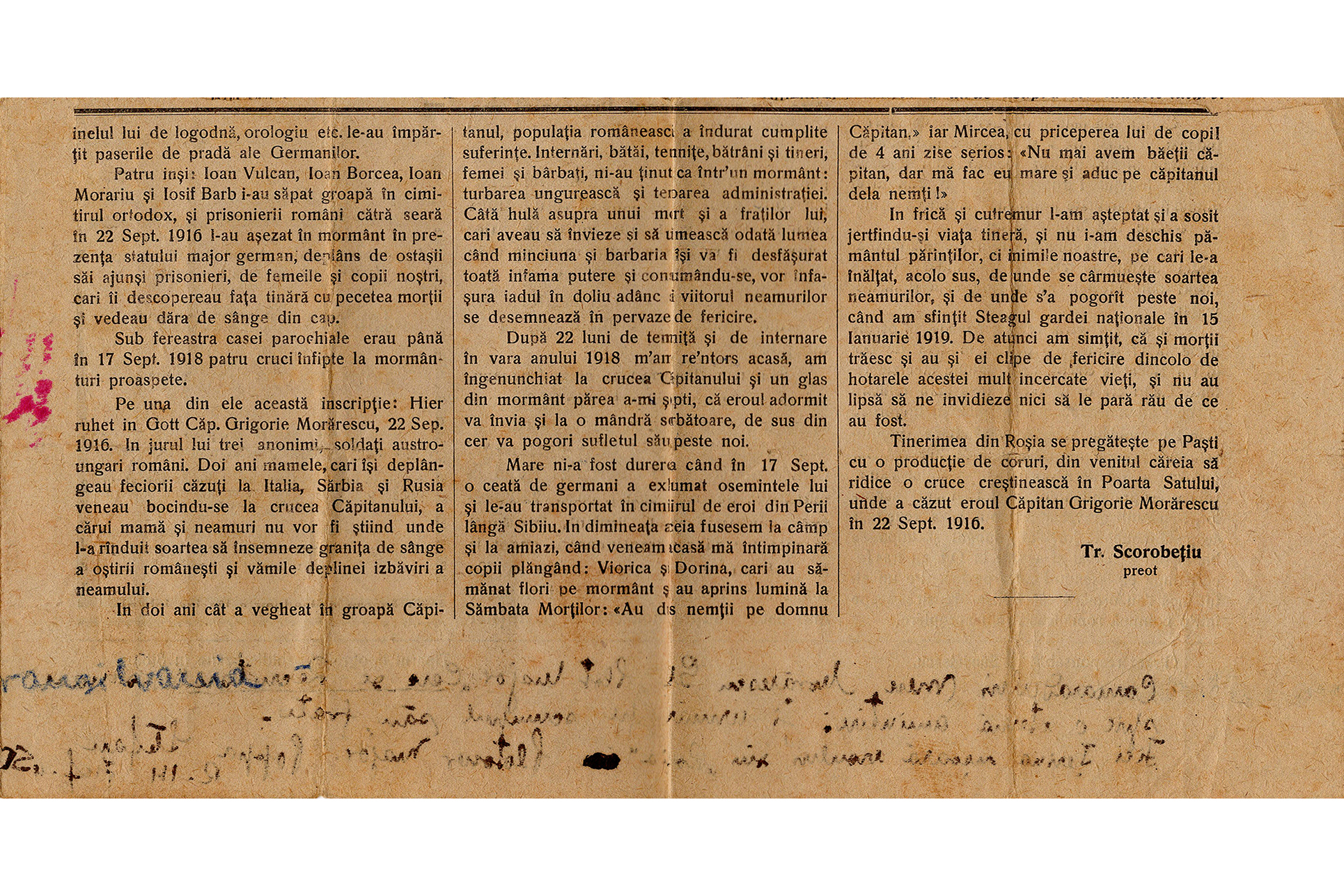 Articolul original, semnat de preotul Tr. Scorobețiu, în numărul din 20 aprilie 1919 al Ziarului „Carpați”, scos la Tipografia arhidiecezană din Sibiu (II) Eroul de la Roșia iese la lumină – mărturisire despre jertfa sa