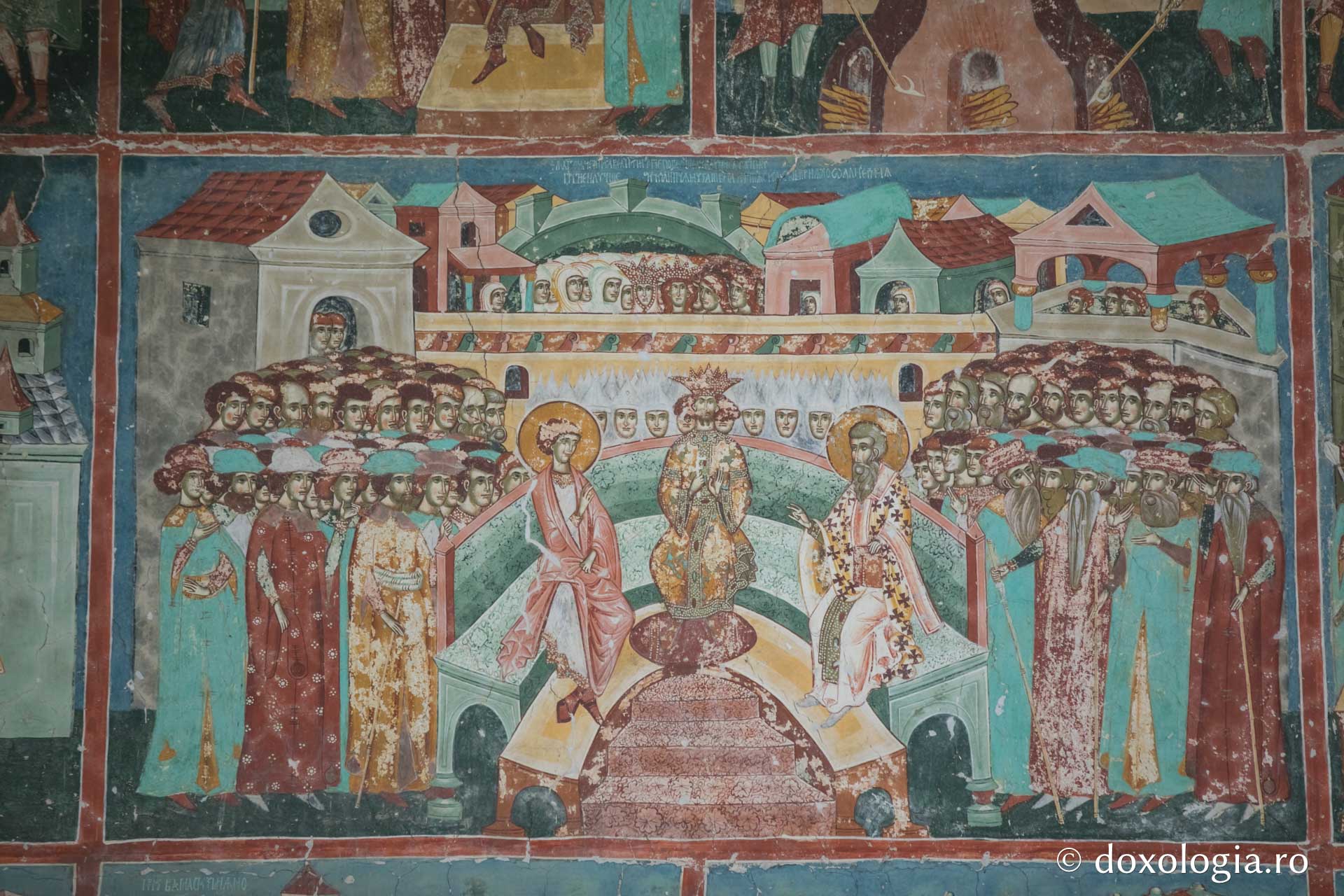 Cinstea adusă Sfântului Gheorghe la curtea imperială – Reprezentare iconografică pe peretele exterior de vest al bisericii Arbore / Foto: Pr. Silviu Cluci Cinstea adusă Sfântului Gheorghe la curtea imperială