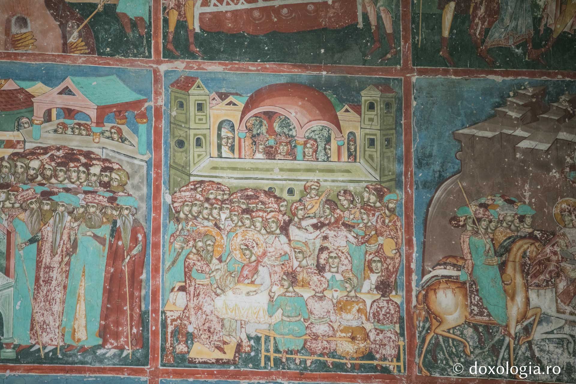 Banchetul dat în cinstea Sfântului Gheorghe – Reprezentare iconografică pe peretele exterior de vest al bisericii Arbore / Foto: Pr. Silviu Cluci Banchetul dat în cinstea Sfântului Gheorghe