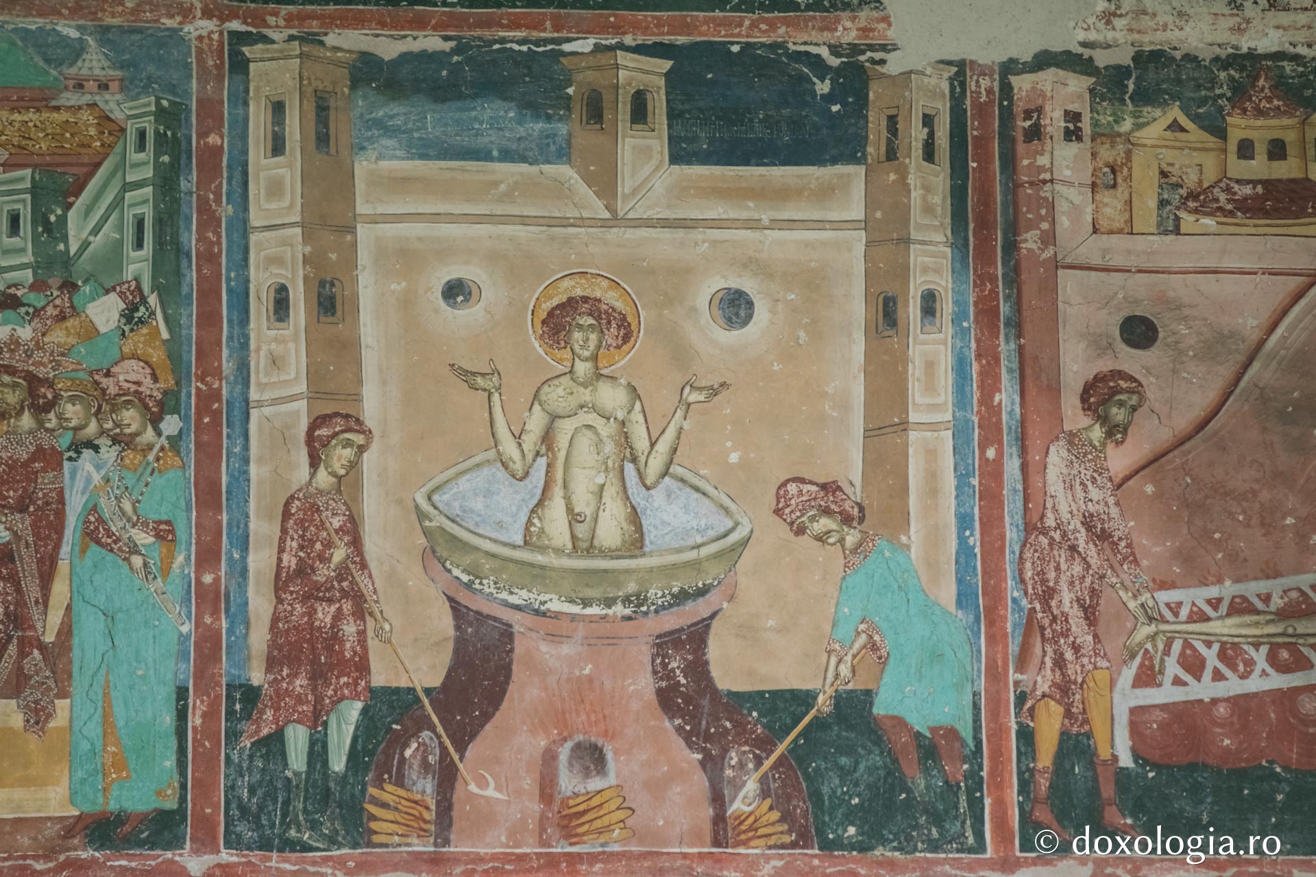 Sfântul Gheorghe este scufundat în groapa cu var – Reprezentare iconografică pe peretele exterior de vest al bisericii Arbore / Foto: Pr. Silviu Cluci Sfântul Gheorghe este scufundat în groapa cu var