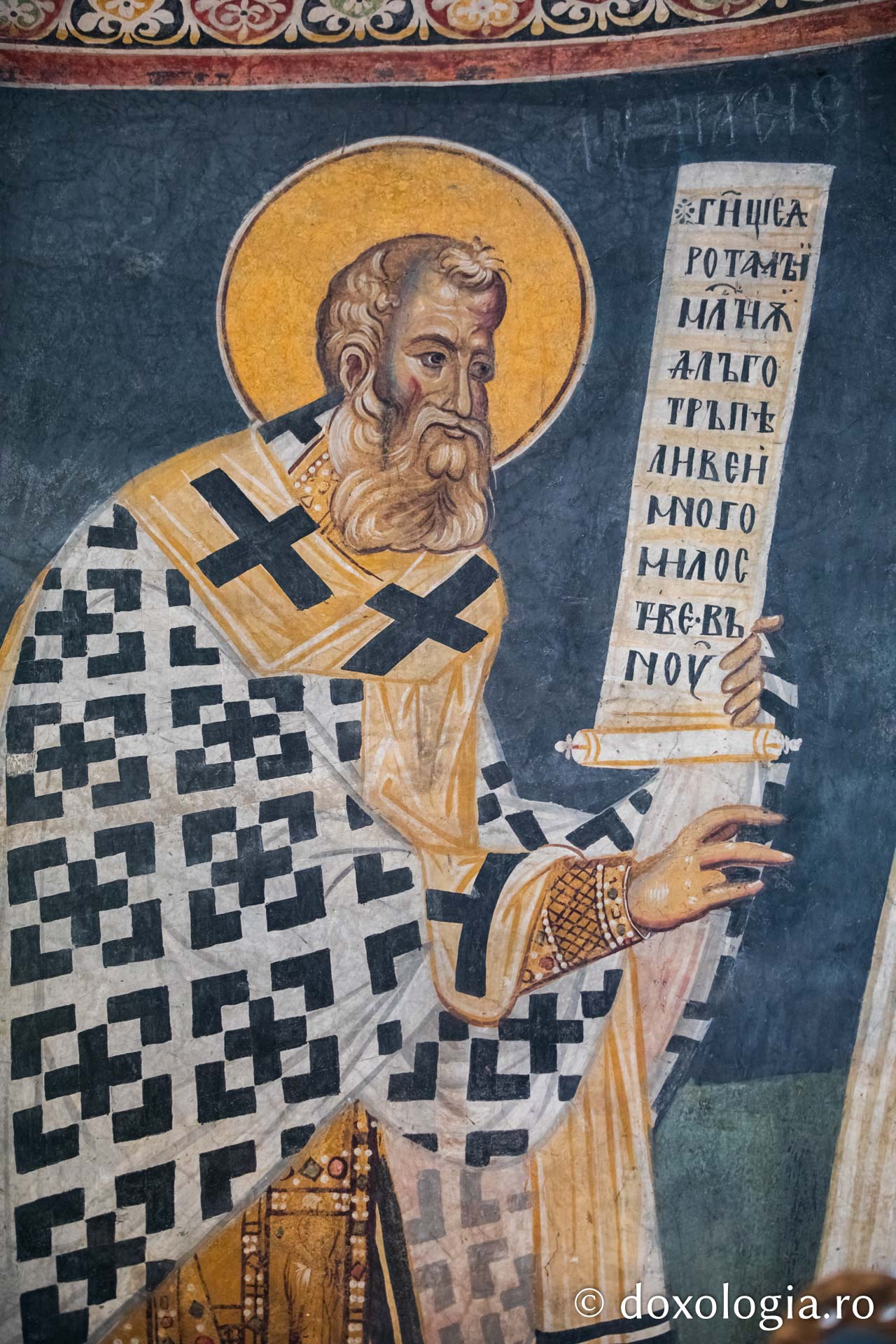 Sfântul Ierarh Atanasie al Alexandriei – Reprezentare iconografică din biserica domnească „Sfântul Nicolae” din Curtea de Argeș, secolul al XIV-lea / Foto: Pr. Silviu Cluci Sfântul Ierarh Atanasie al Alexandriei