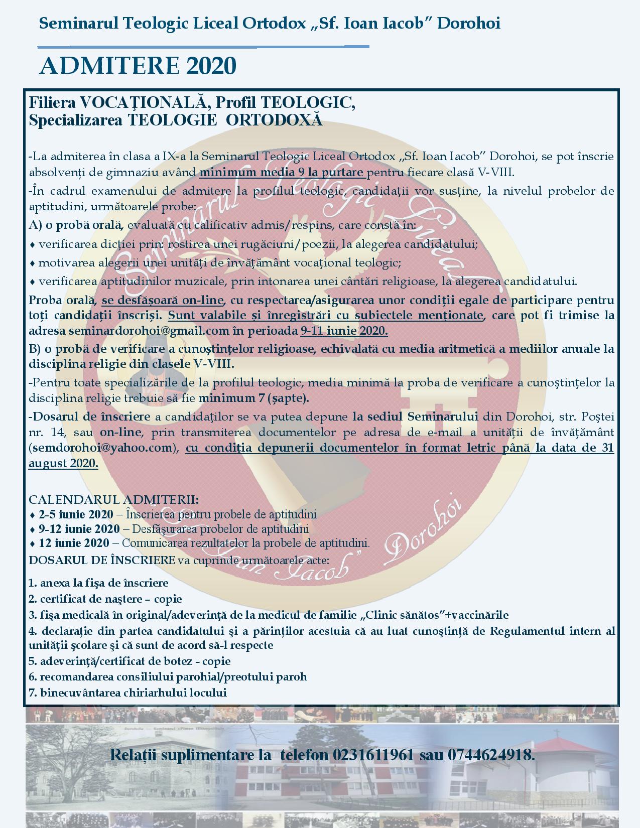 Sesiune de admitere la Seminarul Teologic din Dorohoi Sesiune de admitere la Seminarul Teologic din Dorohoi