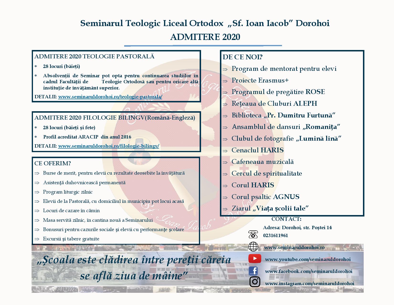 Sesiune de admitere la Seminarul Teologic din Dorohoi Sesiune de admitere la Seminarul Teologic din Dorohoi