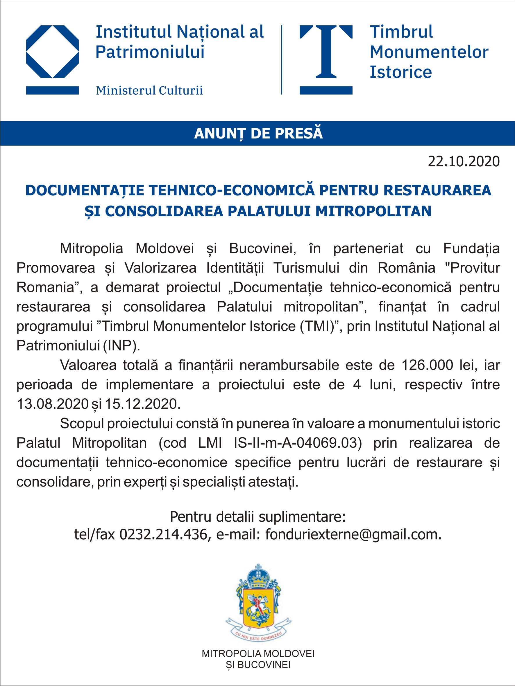 Documenția tehnico-economică pentru restaurarea și consolidarea Palatului mitropolitan