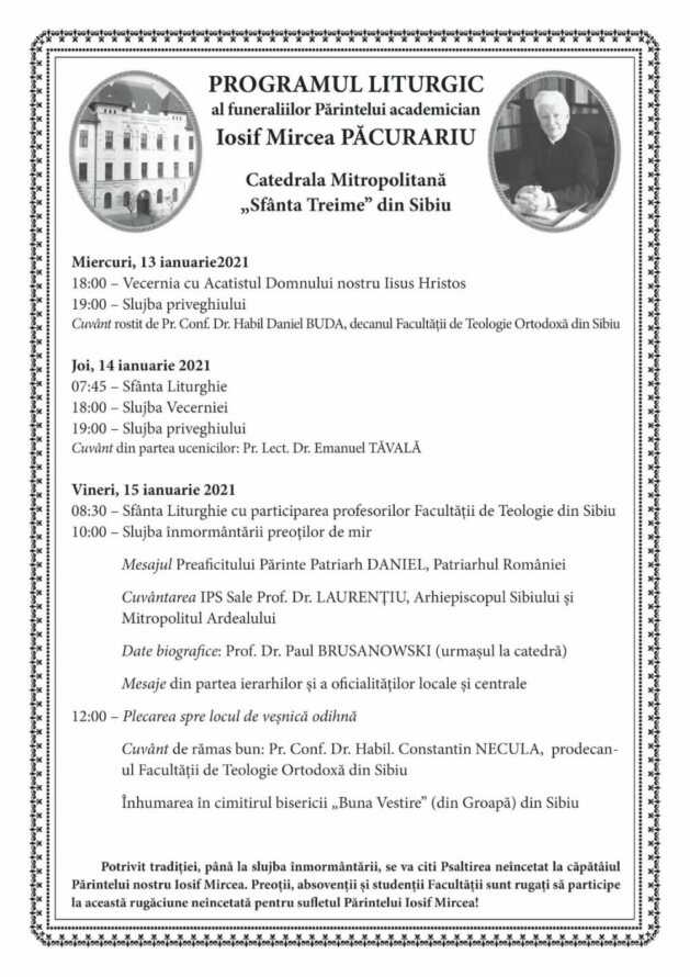 Pr. Mircea Păcurariu a fost depus în Catedrala din Sibiu. Programul funeraliilor