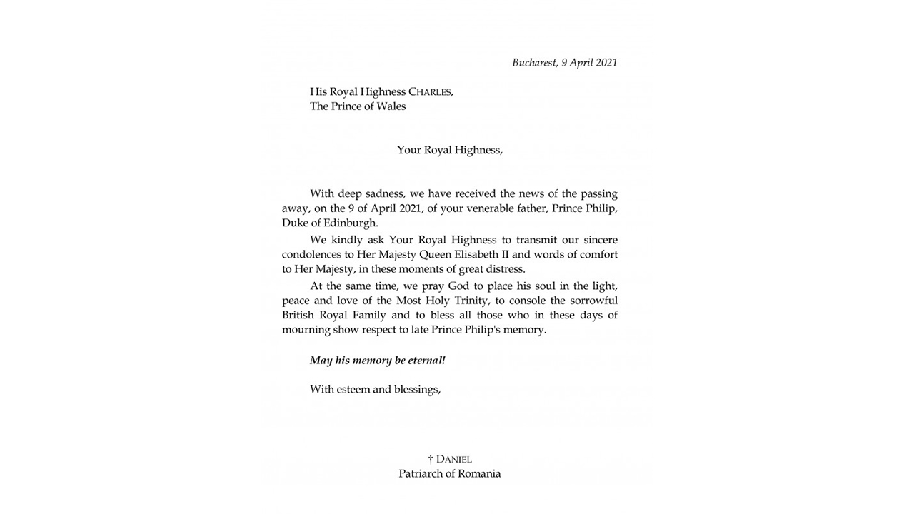 Mesaj de condoleanțe din partea Preafericitului Părinte Patriarh Daniel pentru Casa Regală Britanică
