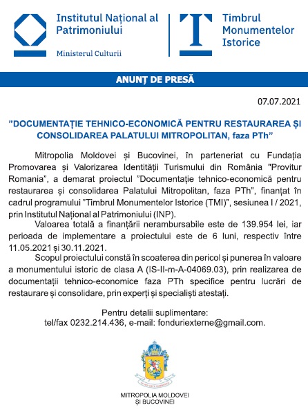 Documenție tehnico-economică pentru restaurarea și consolidarea Palatului Mitropolitan, faza PTh