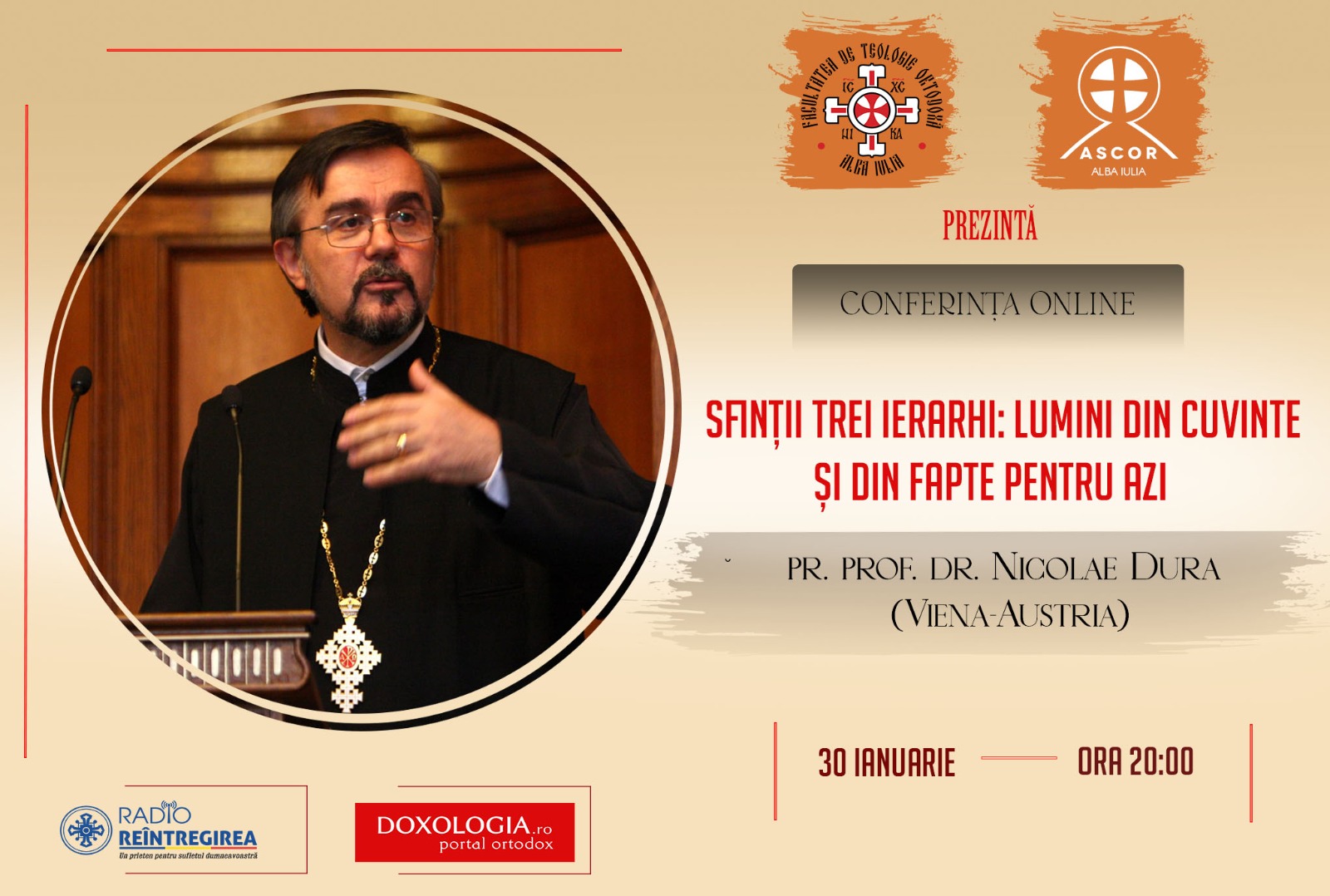 Părintele Nicolae Dura va participa la o conferință online, organizată de Facultatea de Teologie Ortodoxă din Alba Iulia