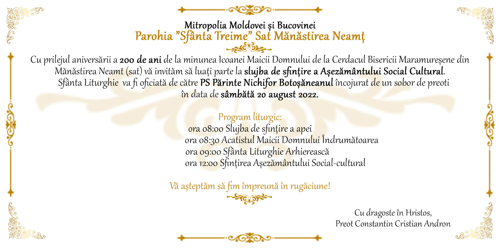 Slujire arhierească în satul Mănăstirea Neamț, la împlinirea a 200 de ani de la minunea Icoanei Maicii Domnului