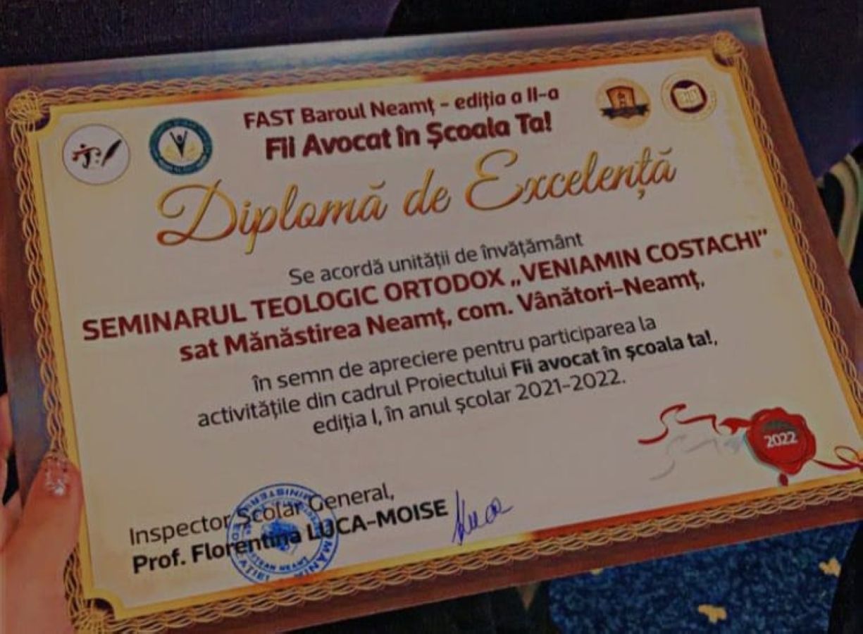 A II-a ediție a proiectului „Fii avocat în școala ta!”, la Seminarul de la Mănăstirea Neamț