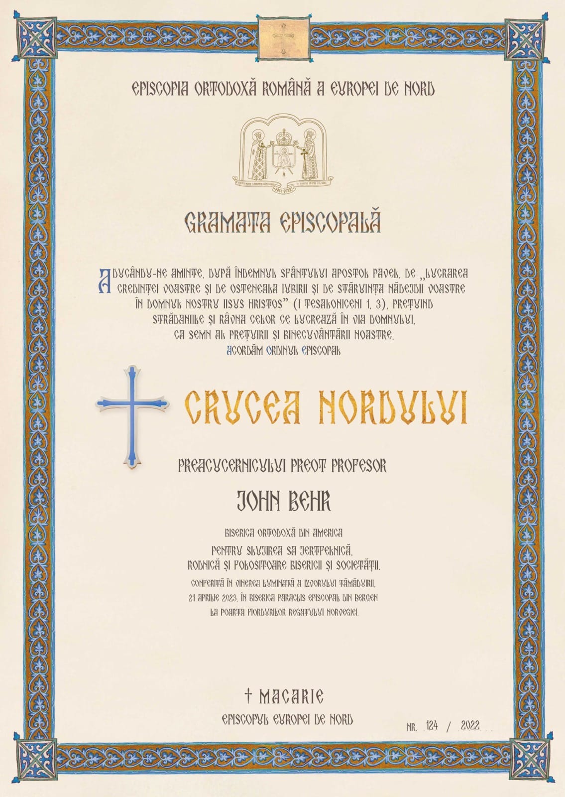 Episcopul Macarie a conferit „Crucea Nordului” Părintelui Profesor John Behr