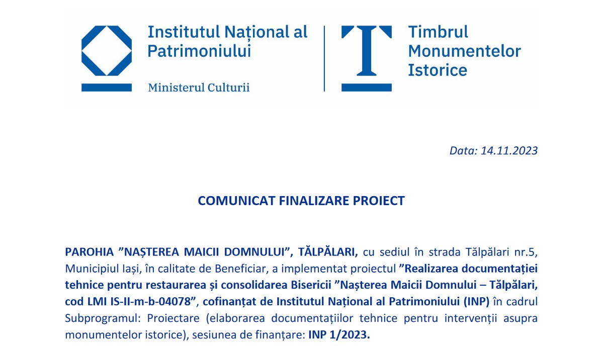 Finalizarea proiectului „Realizarea documentației tehnice pentru restaurarea și consolidarea Bisericii Nașterea Maicii Domnului – Tălpălari”