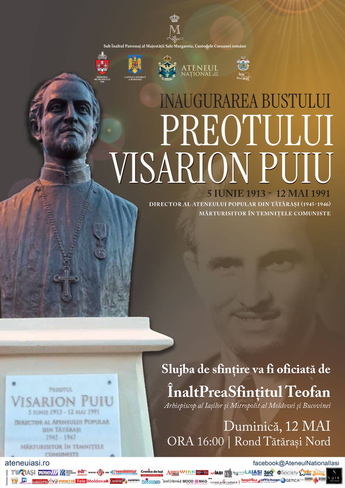 Ateneul Național din Iași inaugurează bustul preotului Visarion Puiu afiș inaugurarea bustului preotului Visarion Puiu