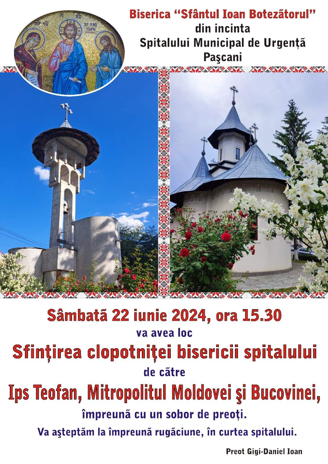 Sfințirea clopotniței bisericii Spitalului Municipal de urgență din Pașcani afiș eveniment