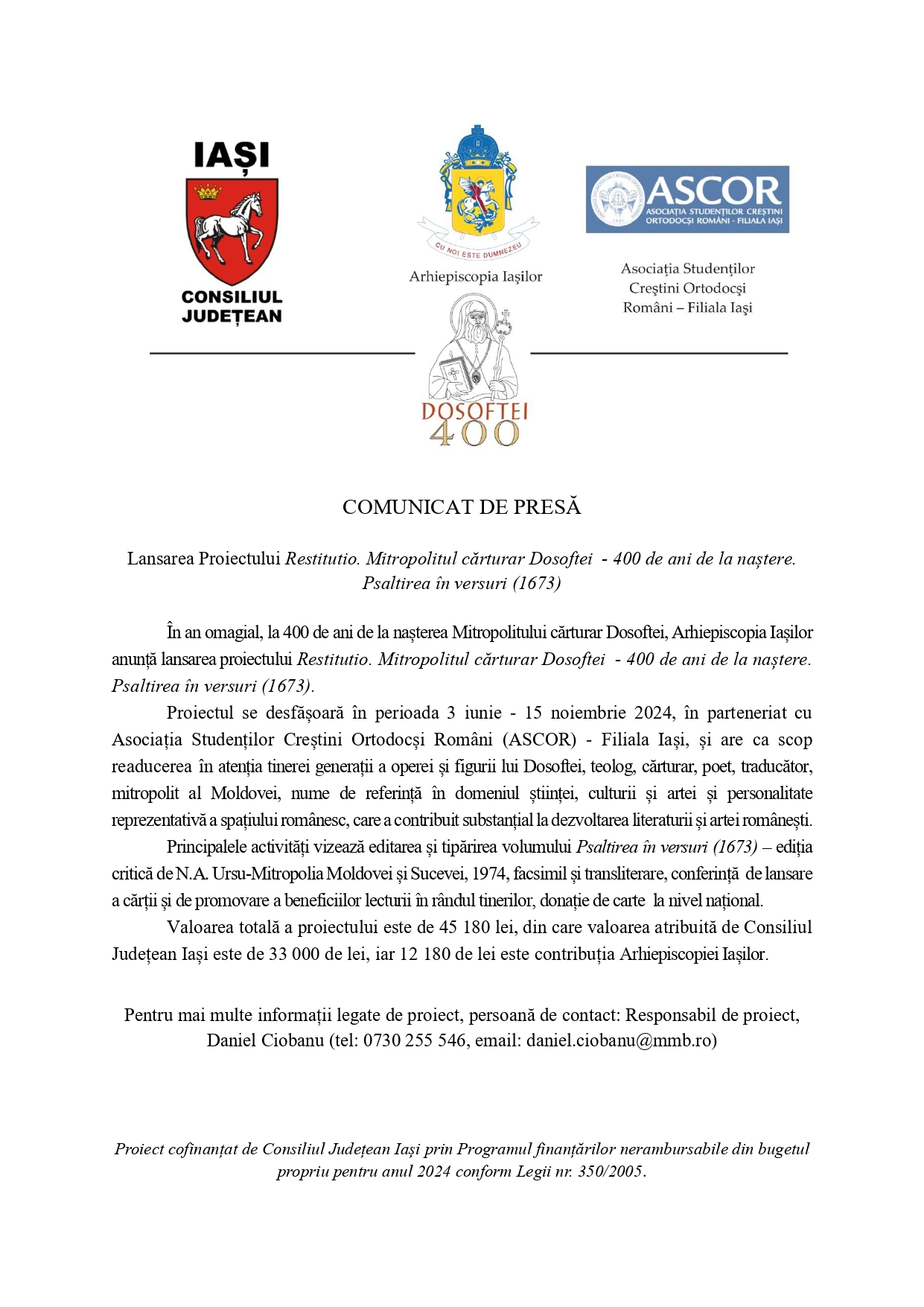 Comunicat de presă - Lansarea Proiectului Restitutio. Mitropolitul cărturar Dosoftei  - 400 de ani de la naștere. Psaltirea în versuri (1673)