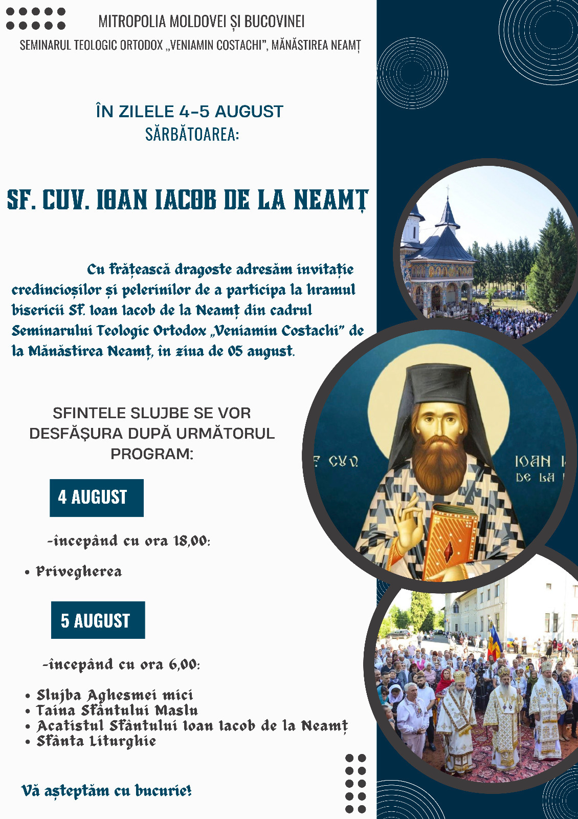 Evenimente care vor avea loc în Arhiepiscopia Iaşilor, în perioada 4-10 august 2024