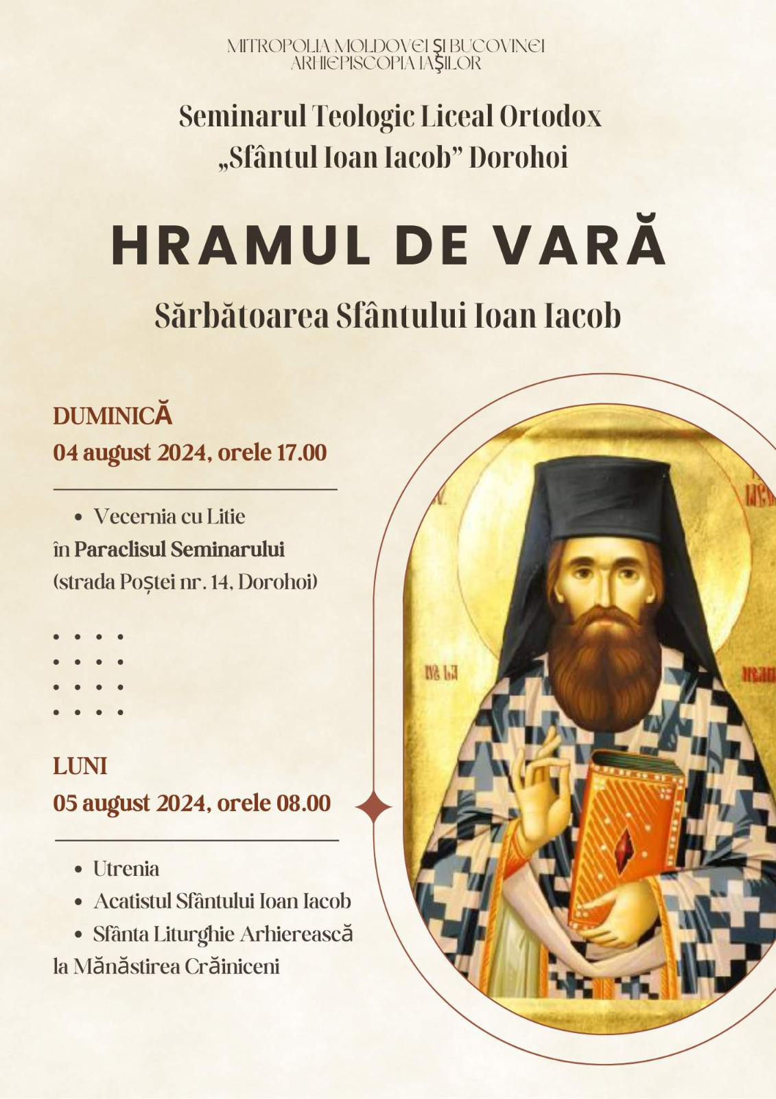 Evenimente care vor avea loc în Arhiepiscopia Iaşilor, în perioada 4-10 august 2024