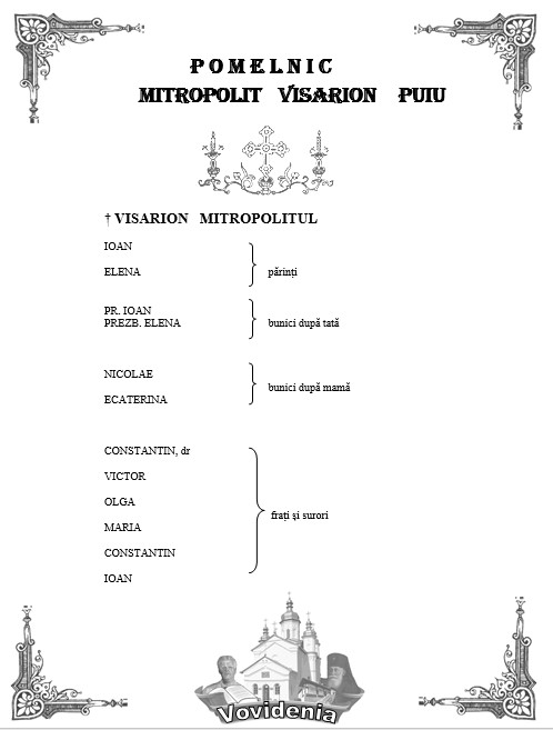 Mitropolitul Visarion Puiu - pomelnic Schitul Vovidenia Mitropolitul Visarion Puiu - pomelnic