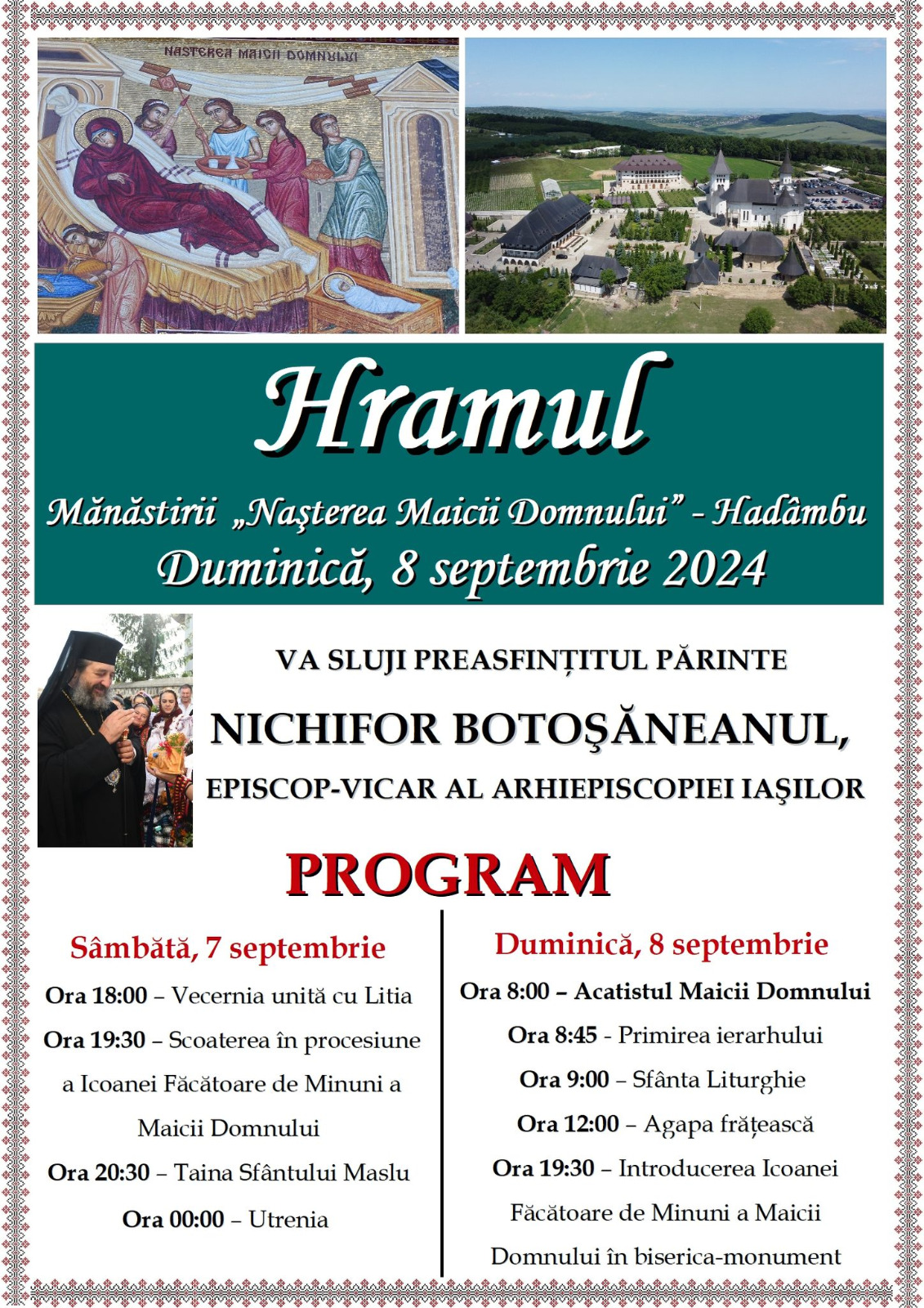 Evenimente care vor avea loc în Arhiepiscopia Iaşilor, în perioada 8-14 septembrie 2024