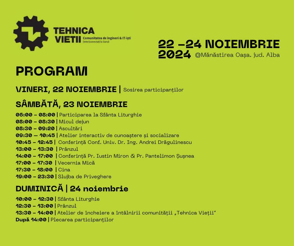 La Mănăstirea Oașa va avea loc Întâlnirea inginerilor și angajaților din zona IT