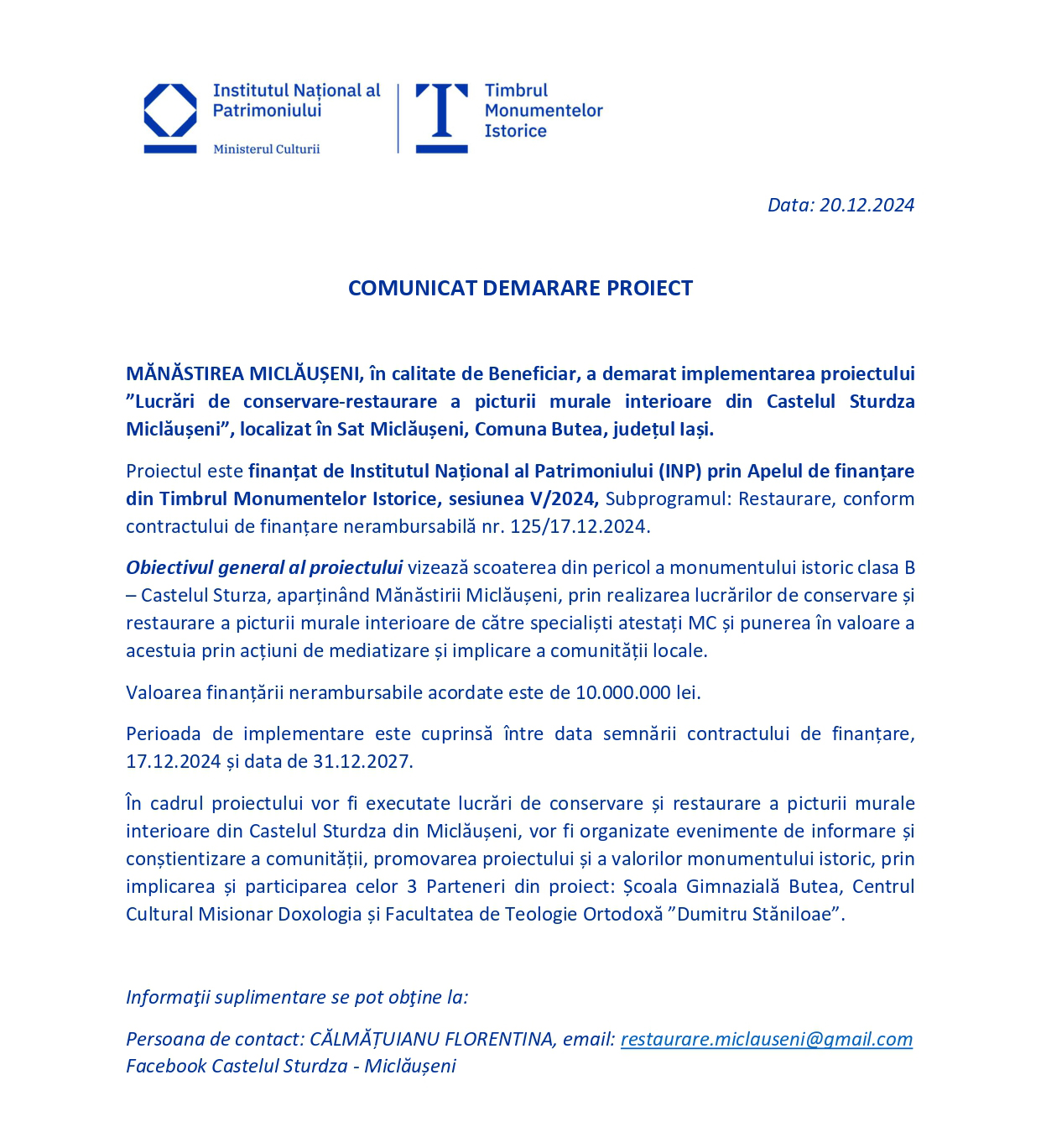 Comunicat demarare proiect: „Lucrări de conservare-restaurare a picturii murale interioare din Castelul Sturdza Miclăușeni”