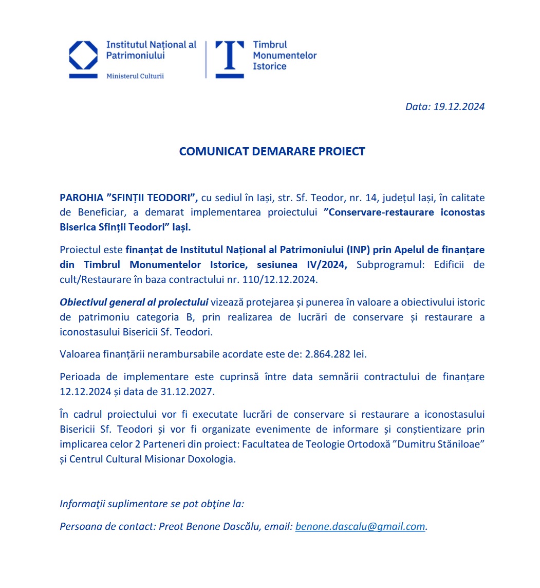 Comunicat demarare proiect: „Conservare-restaurare iconostas Biserica Sfinții Teodori” Iași