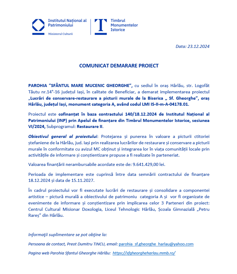 Comunicat demarare proiect: „Lucrări de conservare-restaurare a picturii murale de la Biserica «Sf. Gheorghe», oraș Hârlău, județul Iași, monument categoria A, având codul LMI IS-II-m-A-04178.01”