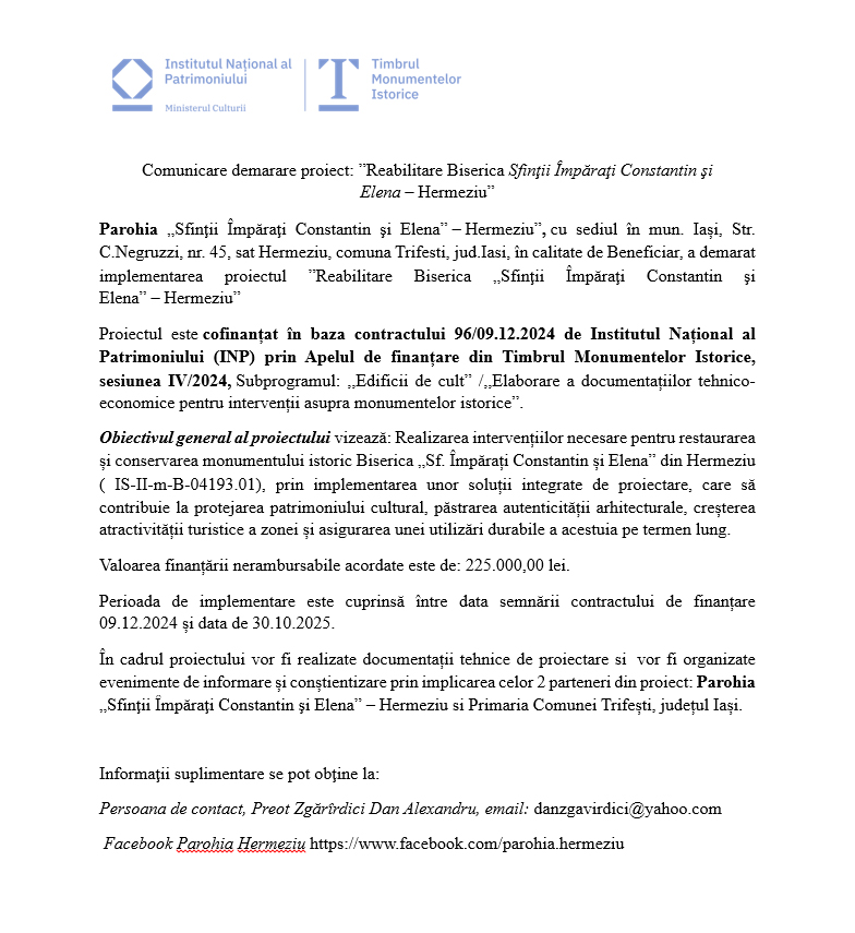 Comunicare demarare proiect: „Reabilitare Biserica «Sfinţii Împăraţi Constantin şi Elena» – Hermeziu”