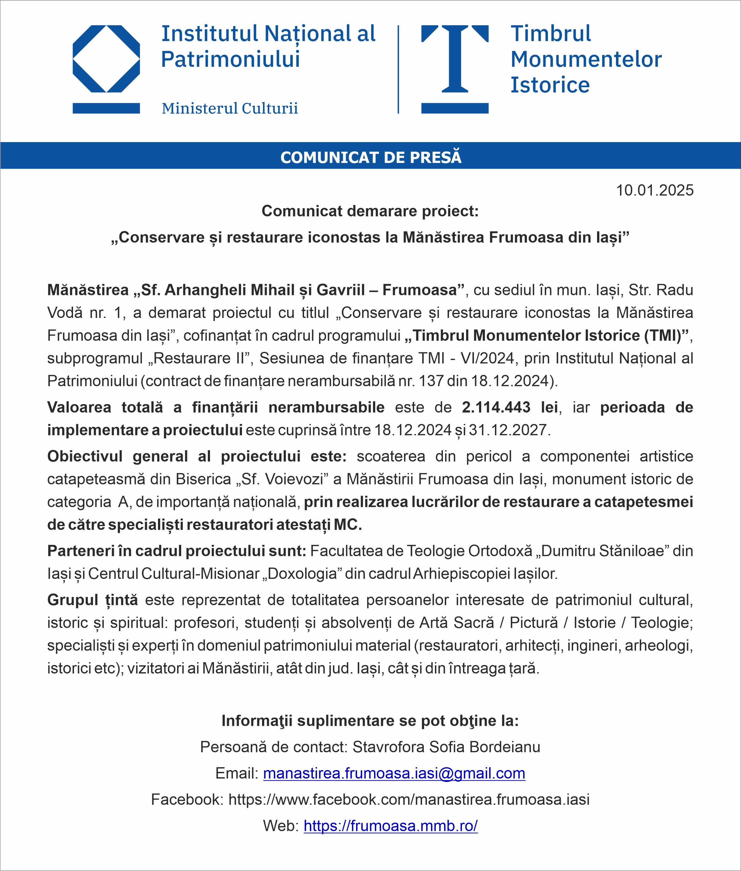 Comunicat demarare proiect:  „Conservare și restaurare iconostas la Mănăstirea Frumoasa din Iași”