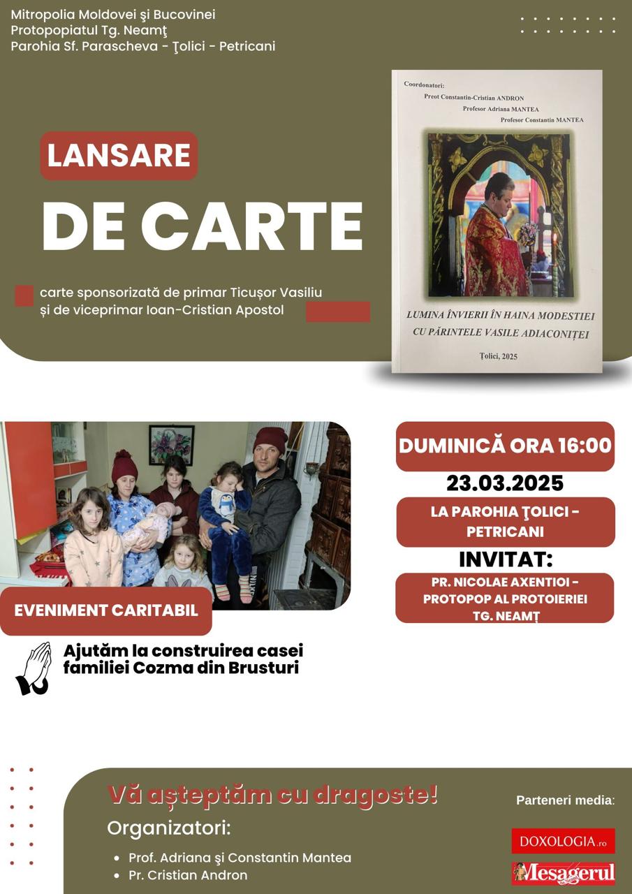 Evenimente care vor avea loc în Arhiepiscopia Iaşilor, în perioada 23-29 martie 2025 lansare de carte