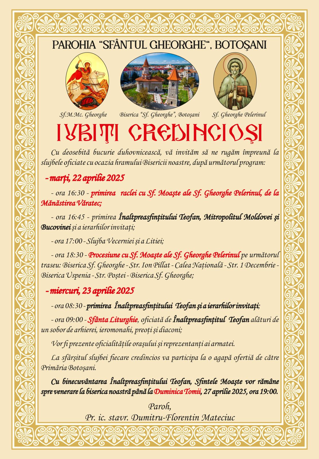 Evenimente care vor avea loc în Arhiepiscopia Iaşilor, în perioada 20-26 aprilie 2025