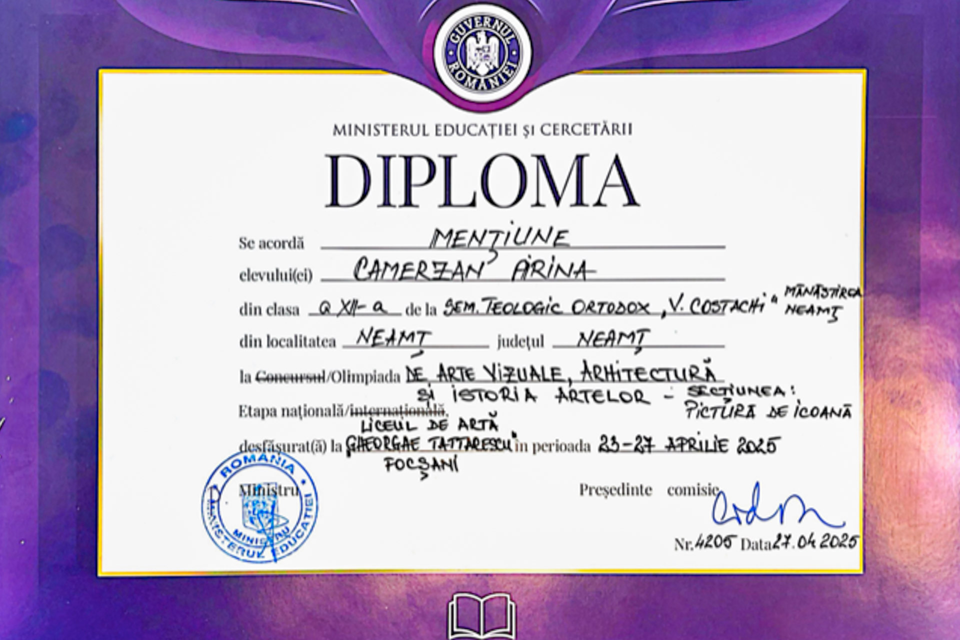 Elevii Seminarului „Veniamin Costachi” – premiați la Olimpiada Națională de Arte Vizuale 2025