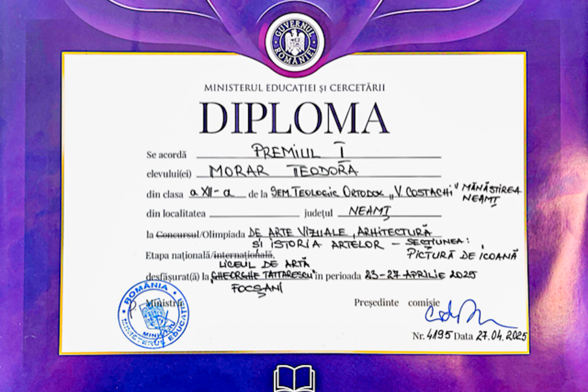 Elevii Seminarului „Veniamin Costachi” – premiați la Olimpiada Națională de Arte Vizuale 2025