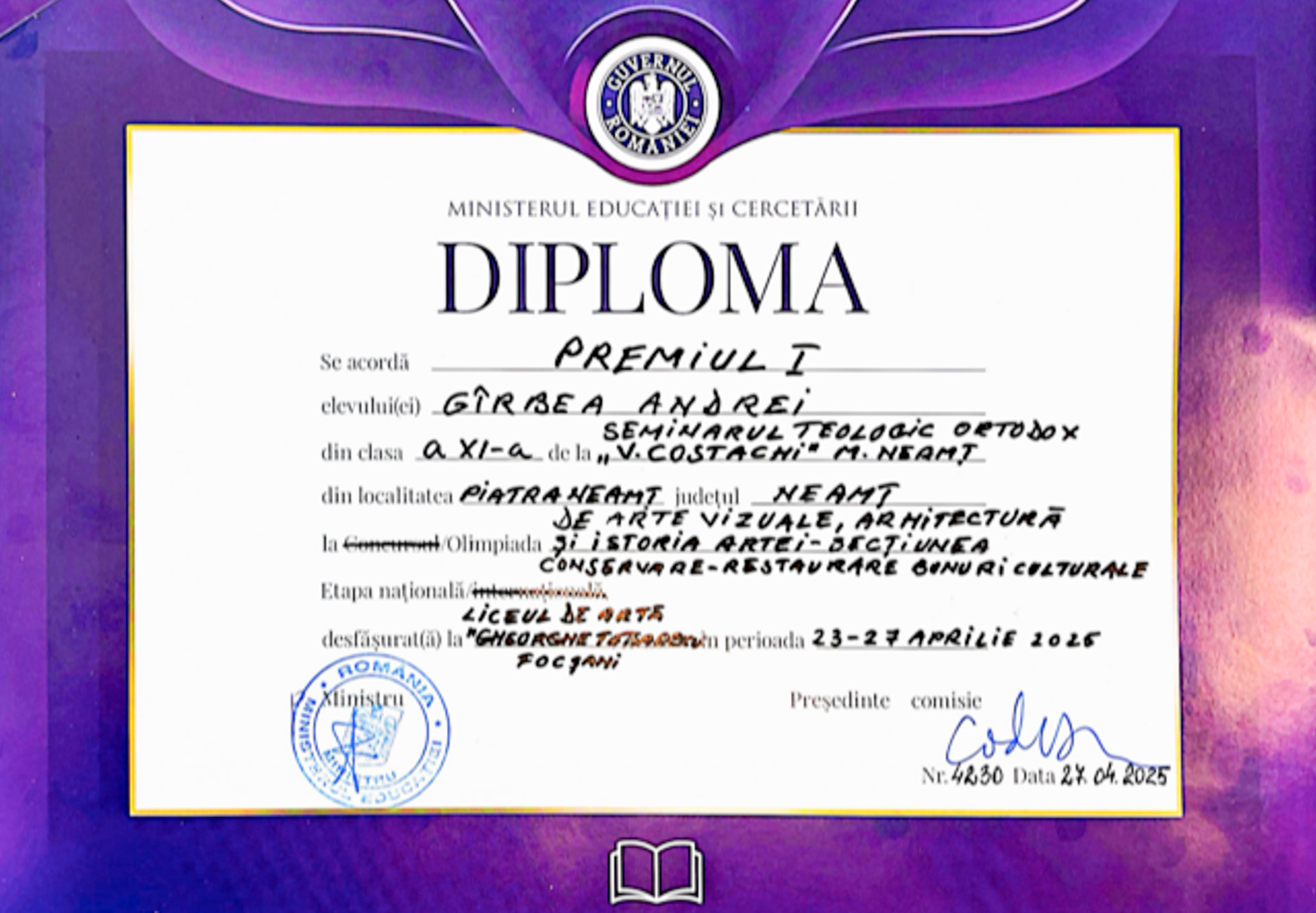 Elevii Seminarului „Veniamin Costachi” – premiați la Olimpiada Națională de Arte Vizuale 2025