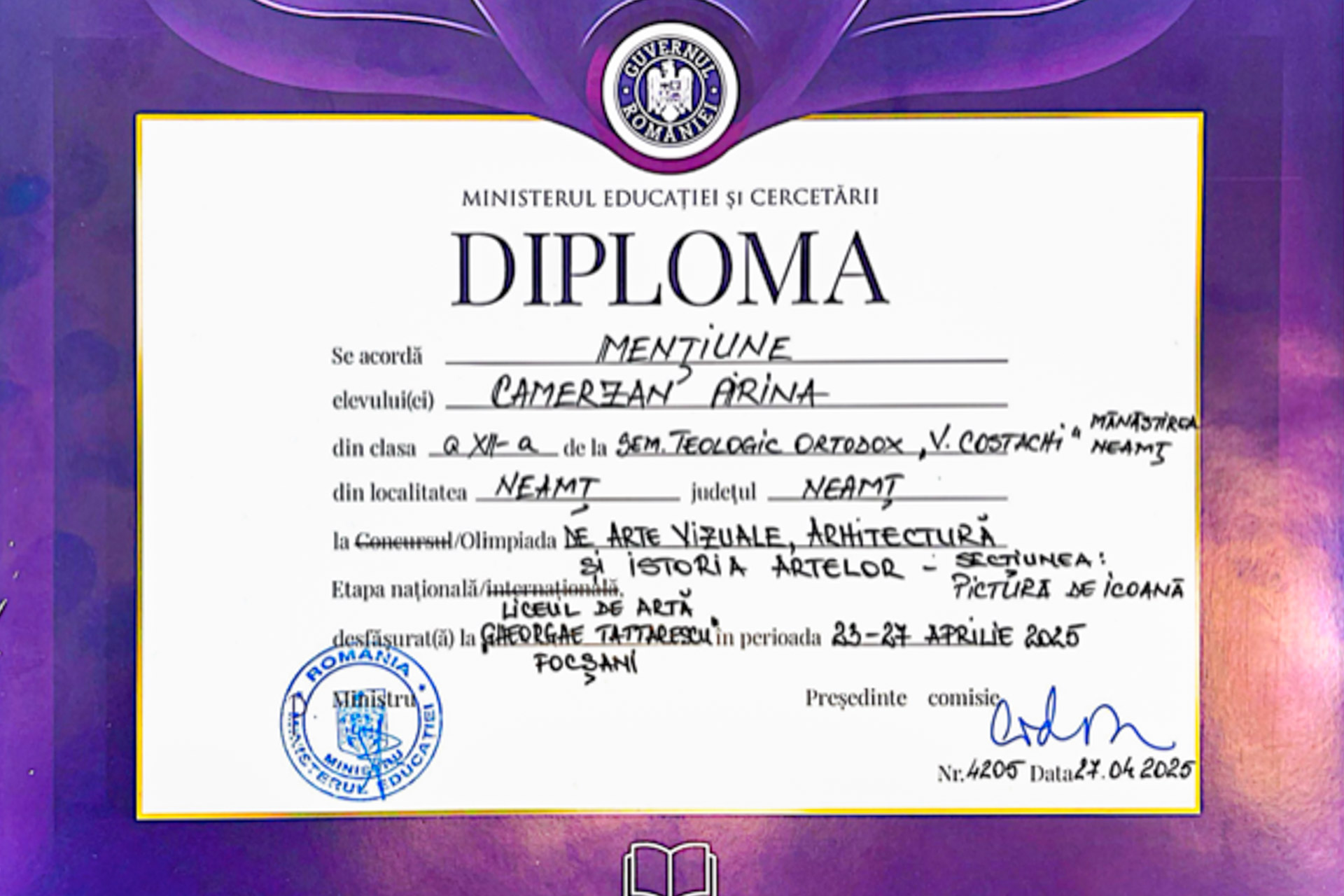 Elevii Seminarului „Veniamin Costachi” – premiați la Olimpiada Națională de Arte Vizuale 2025