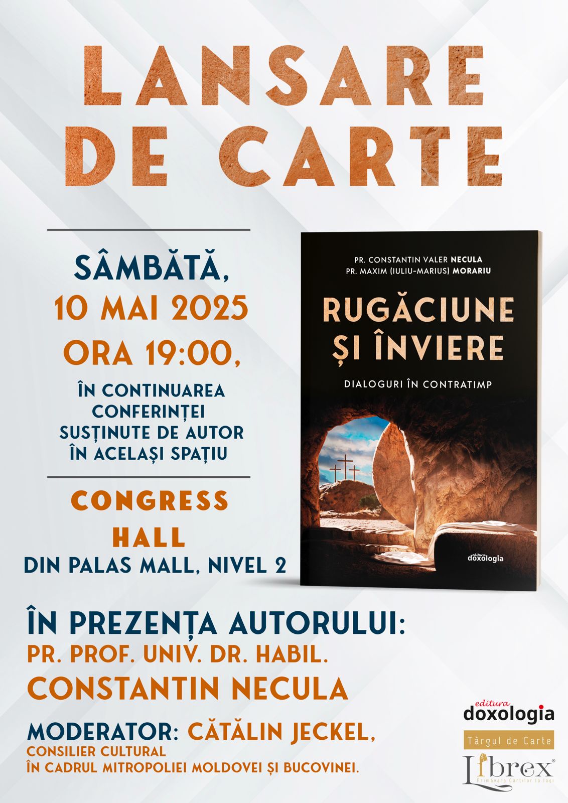 Afiș - lansarea cărții „Rugăciune și Înviere. Dialoguri în contratimp”