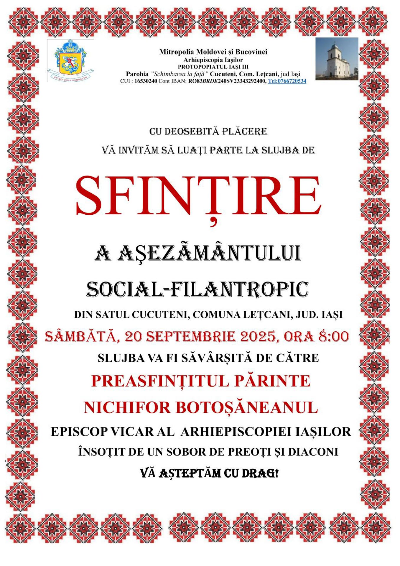 PS Nichifor va sfinți sâmbătă noul Așezământ social al Parohiei Cucuteni – Lețcani