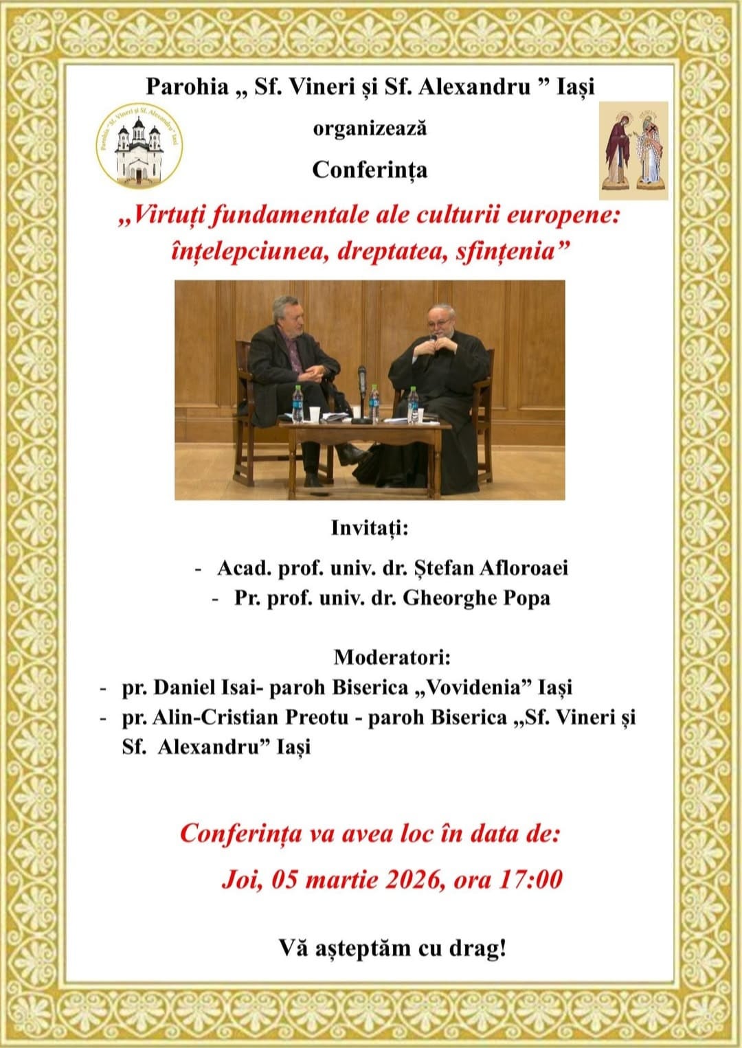 Conferință la Parohia „Sf. Vineri și Sf. Alexandru” din Iași despre virtuțile fundamentale ale culturii europene
